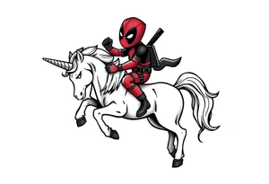 Silly glittery Deadpool riding unicorn tattoo idea