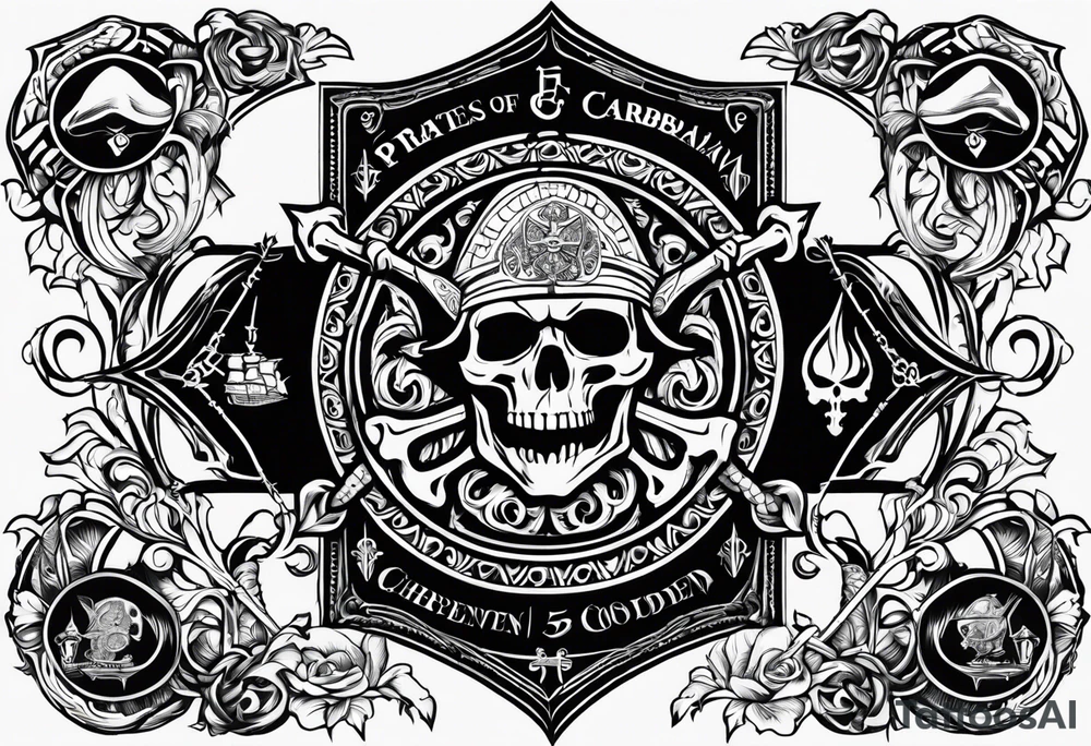 pirates of the caribbean five elements tattoo, aztec gold, davy jones key, east india company emblem, chalices and trident tattoo idea