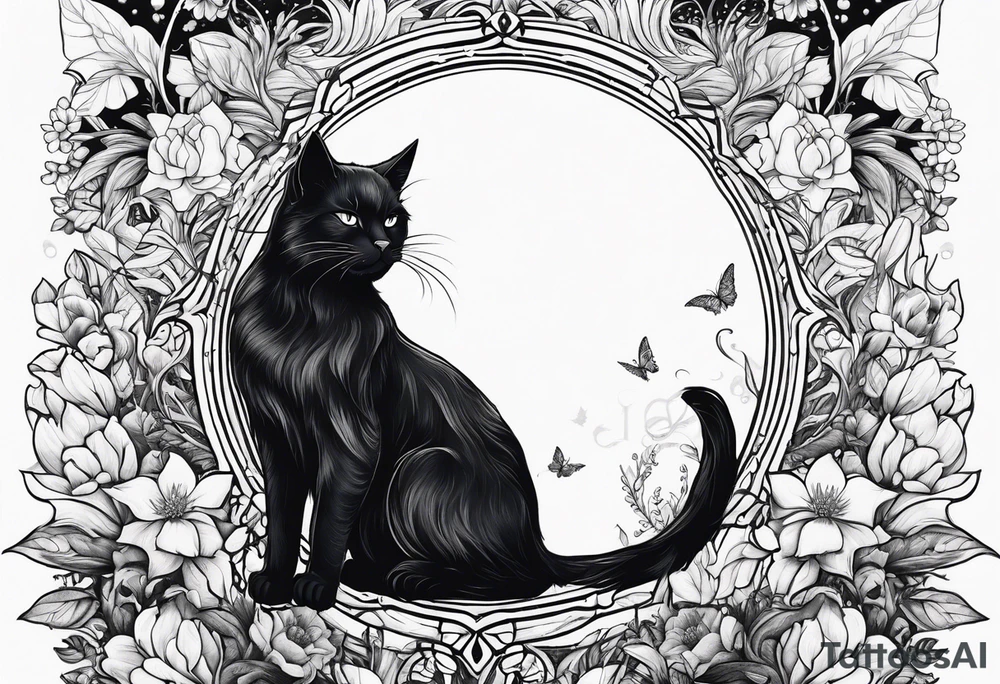 Ethereal witchy garden black cat tattoo idea