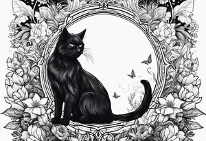 Ethereal witchy garden black cat tattoo idea