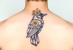Crow with yellow flower crown and brown wing tattoo idea