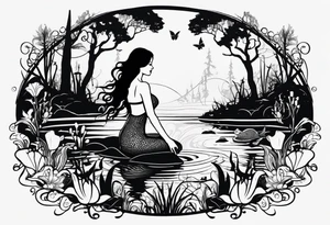 Mermaid silhouette surrounded by musical notes in a bayou that has cypress trees, mushrooms, lily pads, frogs, and bugs tattoo idea