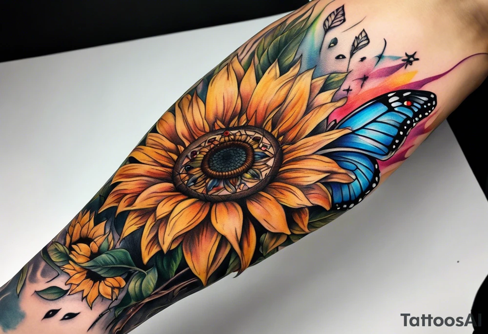 arm sleeve with dreamcatcher, rainbow sunflowers and one butterfly tattoo idea