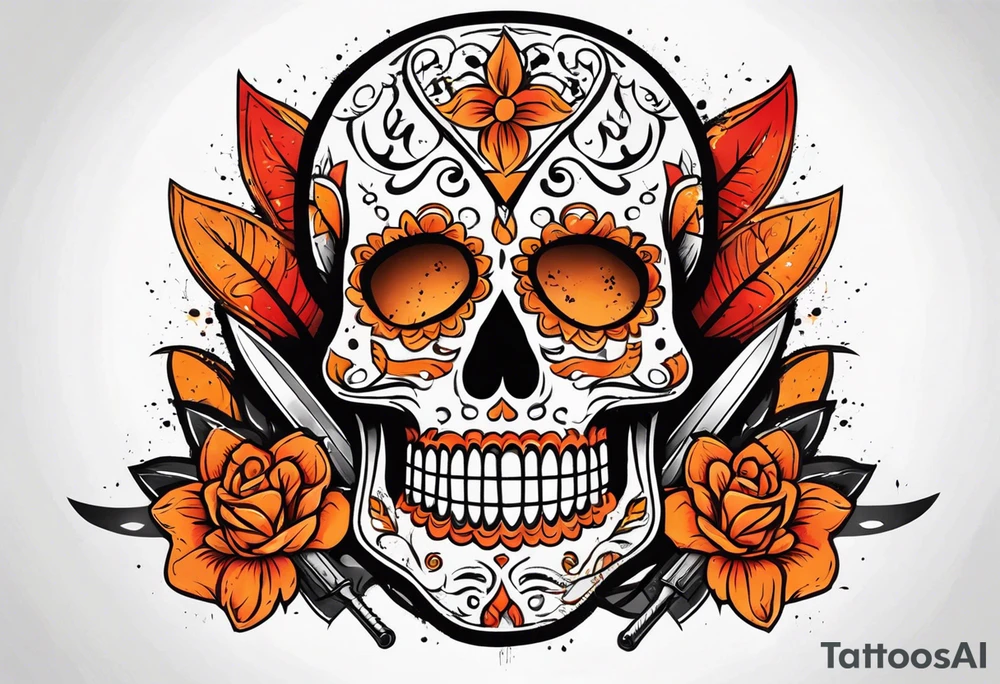Orange Sugar skull with knifes that are orange and red with smoke around it tattoo idea