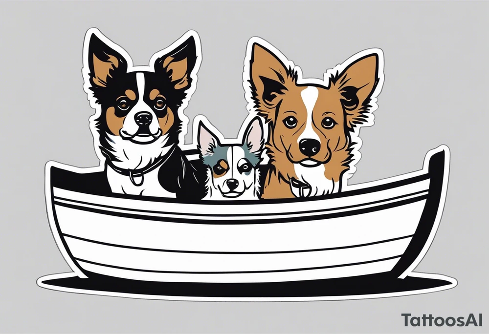 two dogs in a boat. One dog is tan with big ears like a chihuahua. The other dog is black and white and looks like an australian shepherd with floppy ears tattoo idea