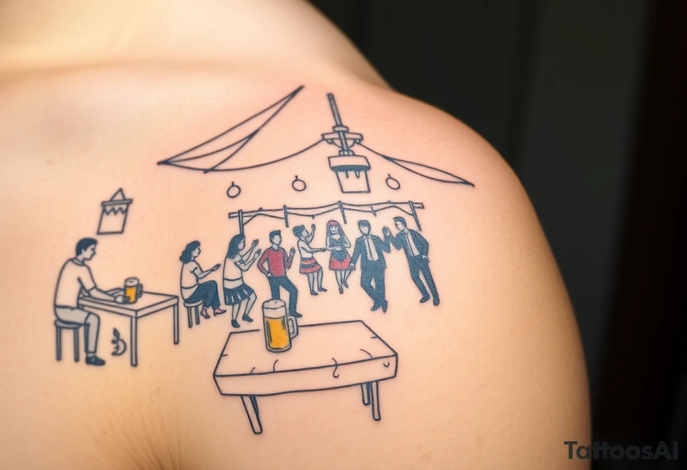 A stylized Oktoberfest beer tent scene, with dancing figures, wooden tables, and frothy beer mugs in soft, warm tones tattoo idea