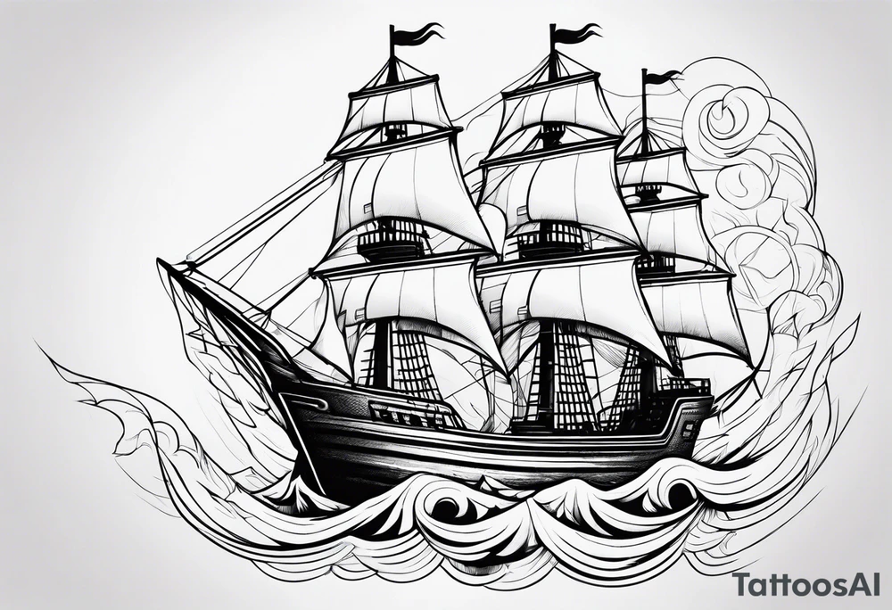 a geometric and very abstract ship on fire tattoo idea