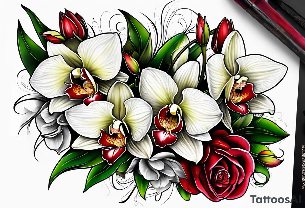 Cymbidium orchid and roses tattoo idea