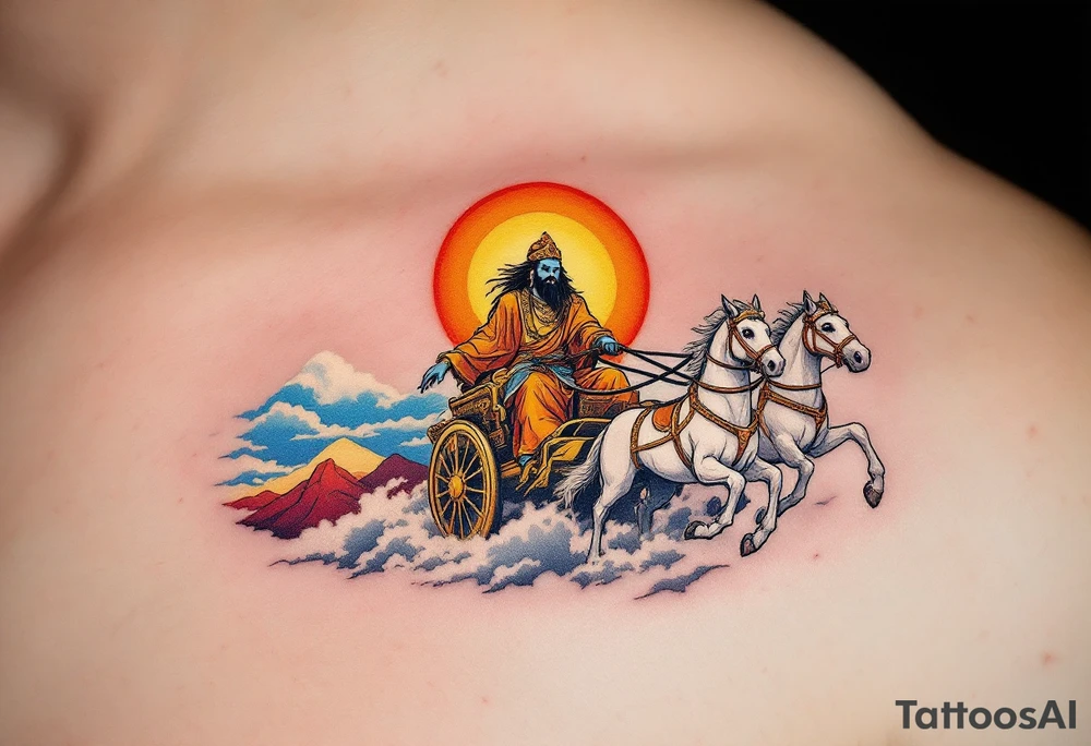 Dazhbog – A radiant sun god in fiery orange and yellow robes, riding a chariot pulled by white horses across a sky split in blue and scarlet. tattoo idea