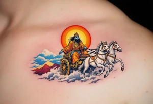 Dazhbog – A radiant sun god in fiery orange and yellow robes, riding a chariot pulled by white horses across a sky split in blue and scarlet. tattoo idea