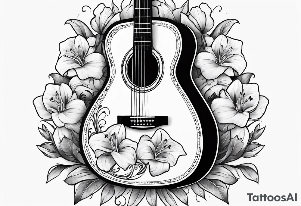 black acoustic guitar wrapped with lilies, with a simple black star on the guitar body. tattoo idea