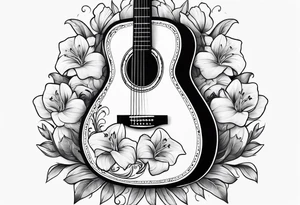 black acoustic guitar wrapped with lilies, with a simple black star on the guitar body. tattoo idea