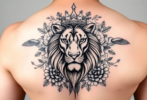 powerful majestic lion with a crown, surrounded by floral ornaments and birds tattoo idea