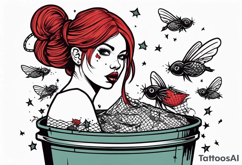 Dead girl with fishnet stockings and red hair with pig tails inside of a trash can with flies buzzing around tattoo idea