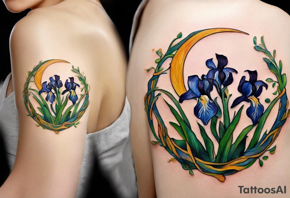 Create a small colorful Vincent van Gogh Irises tattoo in the form of a crescent, with vines gracefully intertwining at a central point in the middle of the wreath. The intended placement is on the upper chest. The overall design should be small in size while maintaining a delicate and artistic aesthetic. Pay attention to the graceful flow of the vines and the placement of the irises to achieve a refined and elegant look. tattoo idea