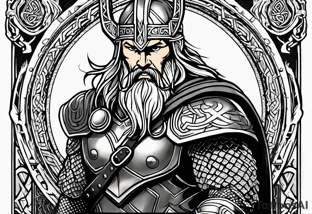Thor with him holding mjolnir and a vignette of viking rune design tattoo idea