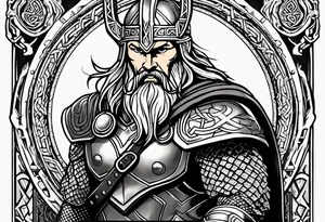 Thor with him holding mjolnir and a vignette of viking rune design tattoo idea