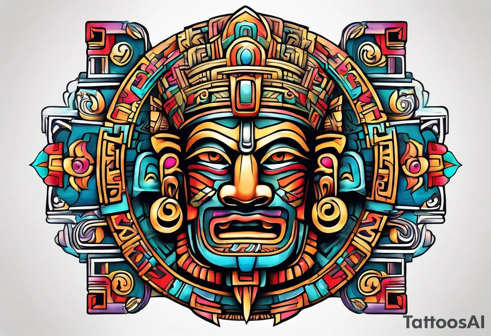 Colorful Mayan god hieroglyph tattoo idea