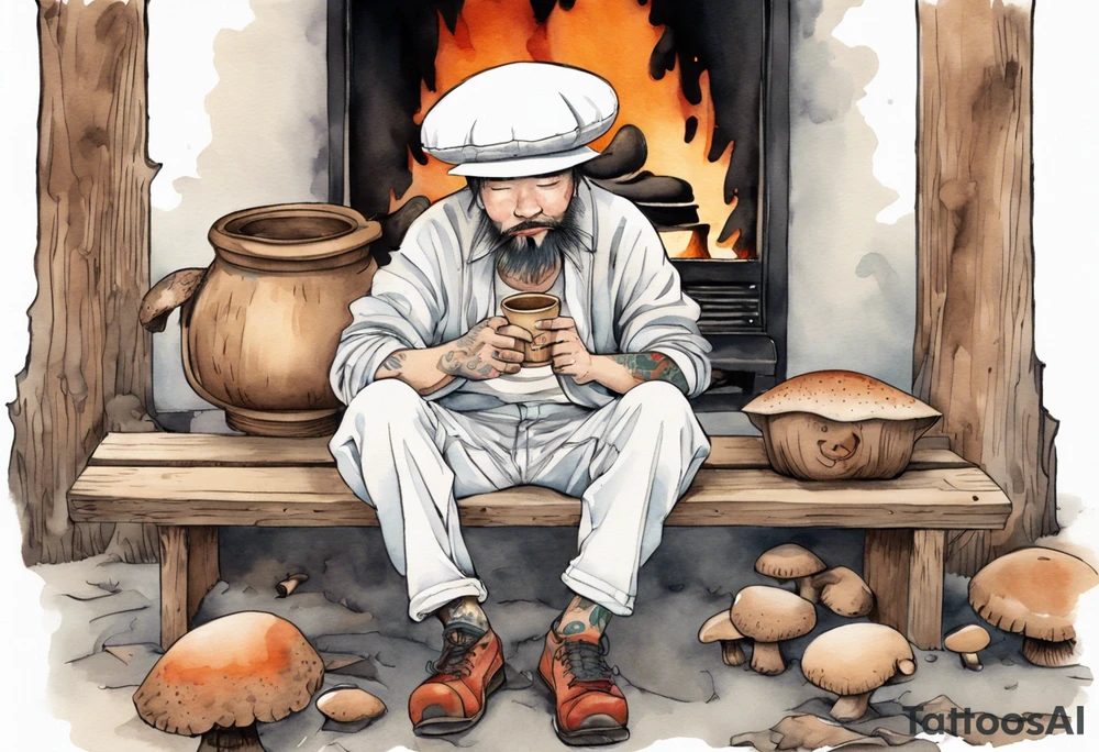 gwyllion
wearing a mushroom hat sitting on a bench by a fireplace drinking from a wood cup, laughing tattoo idea