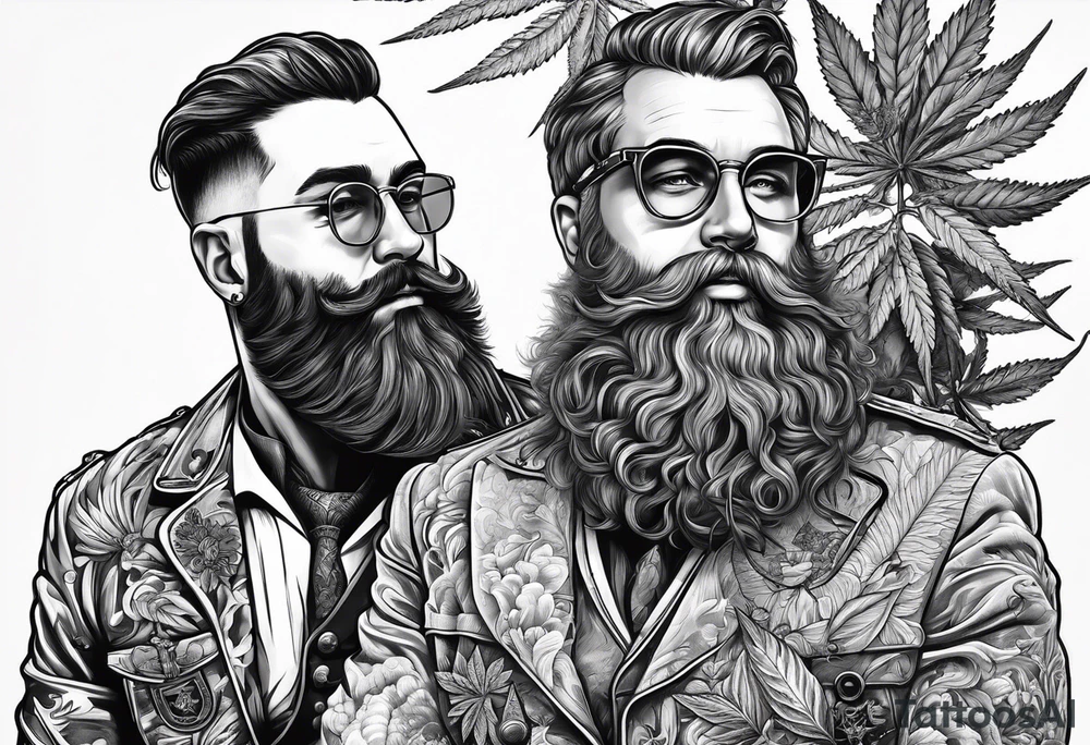 big irish guy with beard and german military doctor sitting on a cannabis plant tattoo idea