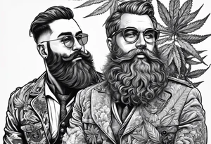 big irish guy with beard and german military doctor sitting on a cannabis plant tattoo idea