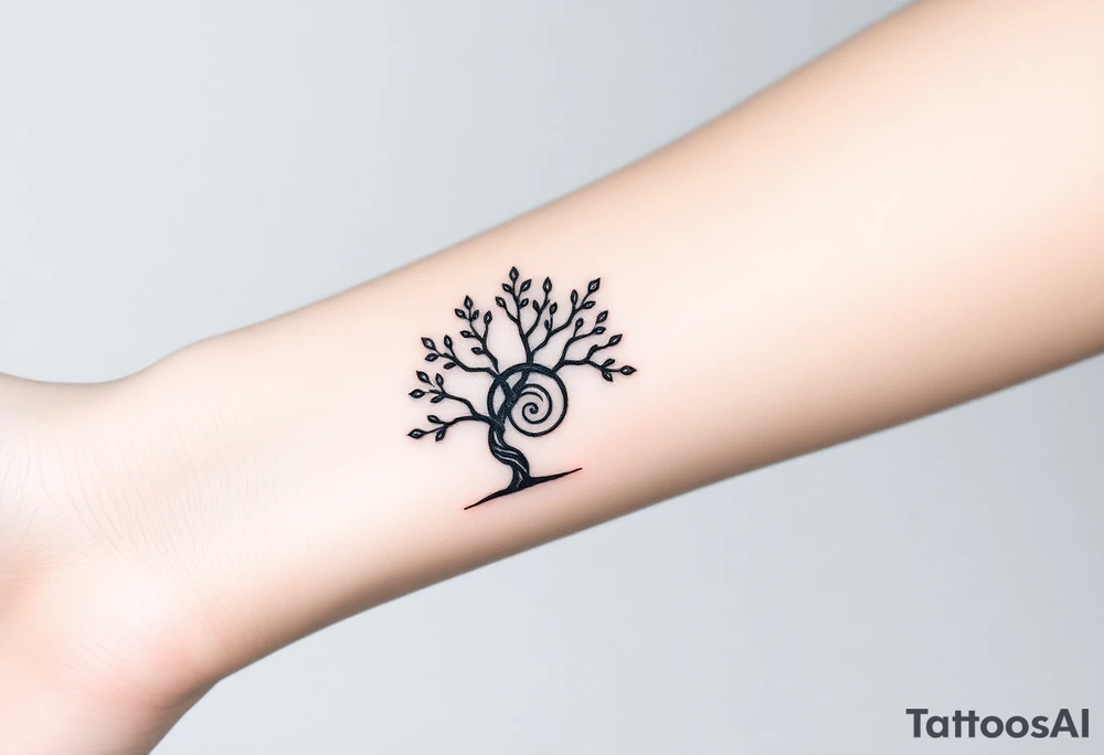 Tree with few leaves, with a SPIRAL line starting from the left side of tree and spiraling outward in a clockwise direction tattoo idea