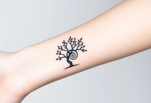 Tree with few leaves, with a SPIRAL line starting from the left side of tree and spiraling outward in a clockwise direction tattoo idea