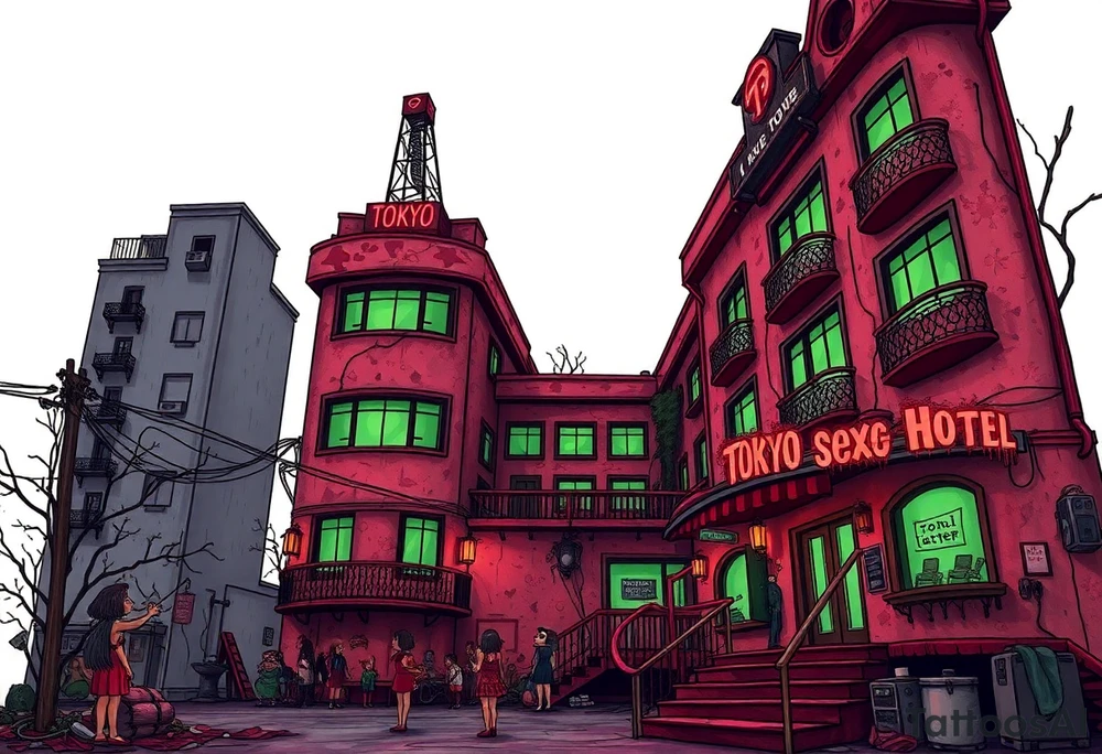 Tim Burton’s Tokyo sex hotel from outside viewis abandoned and dripping with muted reds, dusty pinks, and eerie green glow. tattoo idea tattoo idea