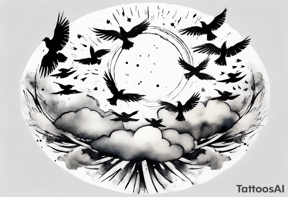 shoulder tattoo with light rays with birds flying free among the clouds, round shape, 3d effect tattoo idea