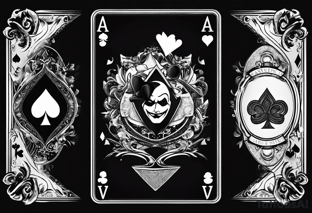 A black-and-white tattoo featuring a deck of playing cards falling mid-air, with a joker card prominently displayed at the center to symbolize unpredictability and chaos in life. The cards are scattered, some face-up, some face-down, representing chance and fate. A small hourglass is incorporated at the base of the design, symbolizing the passage of time. The tattoo uses bold lines and shading to create depth and contrast, keeping the design entirely black and white tattoo idea