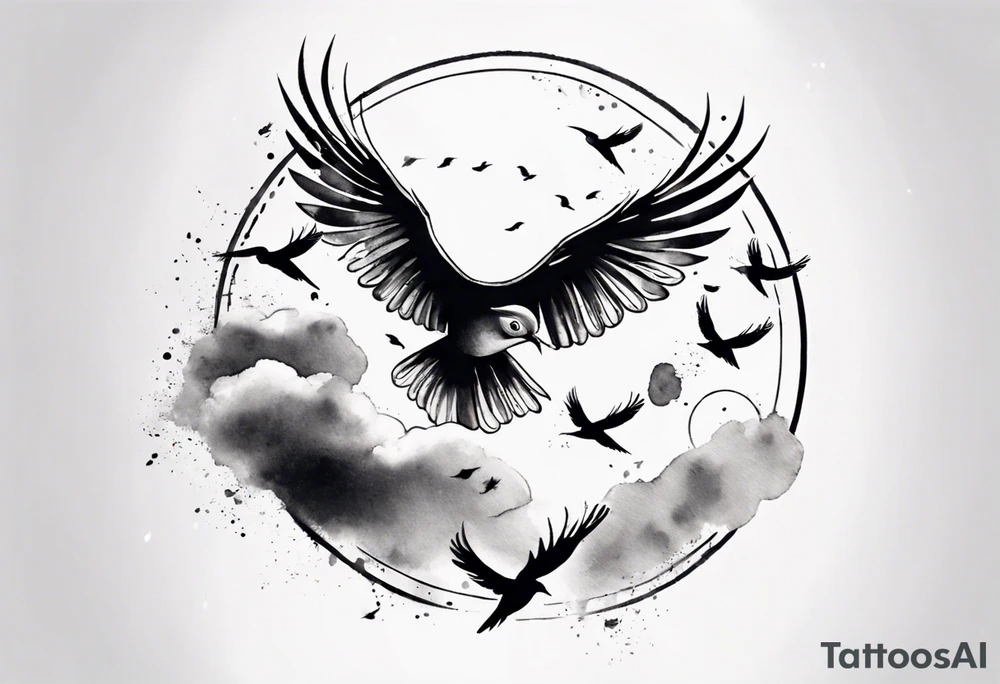 shoulder tattoo with light rays with birds flying free among the clouds, round shape, 3d effect tattoo idea shoulder tattoo with light rays with birds flying free among the clouds, round shape, 3d effect tattoo idea