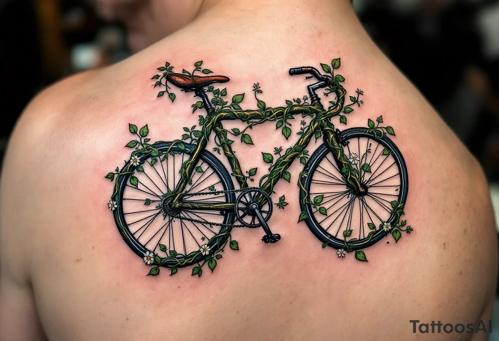 A bicycle with a handlebar made of twisted vines, with green leaves and small white flowers creeping around it, symbolizing growth and connection to nature. tattoo idea