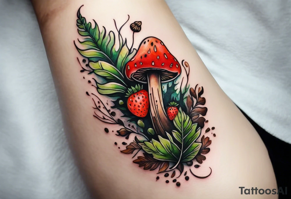 forest floor inspired minimalist tattoo, which includes grass, curly ferns and dead leaves as the bulk of the tattoo. details to include: three very tiny strawberries, a tiny bumblebee flying nearby, three small brown mushrooms tattoo idea