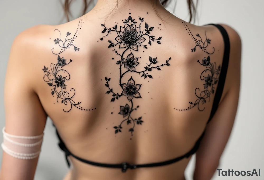 full back tattoo
	1.	Cherry Blossom Flow (Central Spine): A cascading cherry blossom flowing vertically along the spine to cover the central portion of the existing tattoo. Symmetrical patterns inspired by ornamental designs, with intricate curves and dotwork extending outward from the base of the spine. These elements should balance the floral motif and enhance the lower back area with a decorative, feminine flair.
	3.	Dotwork and Contouring: Delicate linework and dot patterns should be added around the floral design to give texture and seamlessly blend the tattoo with the surrounding skin. The ornamentation should curve naturally along the shape of the body, creating a cohesive, elegant look. tattoo idea