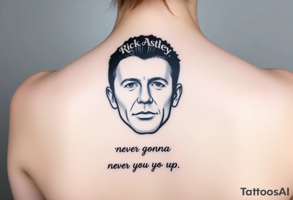 Rick Astley's Face outline with text "Never Gonna Give You Up" tattoo idea