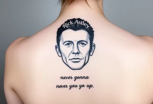 Rick Astley's Face outline with text "Never Gonna Give You Up" tattoo idea