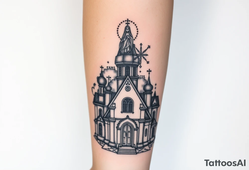 in a dorsal view a detailed orthodox church shrouded with a mist above and fading into a virgin mary overlooking above at the top tattoo idea