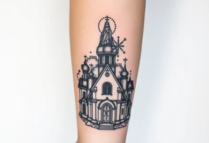 in a dorsal view a detailed orthodox church shrouded with a mist above and fading into a virgin mary overlooking above at the top tattoo idea