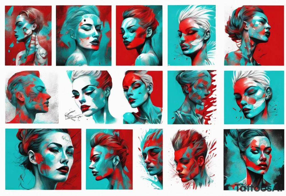 an art in the style of abstract portraits, textured pigment planes, red and cyan, stencil art, full white background, include seed tattoo idea