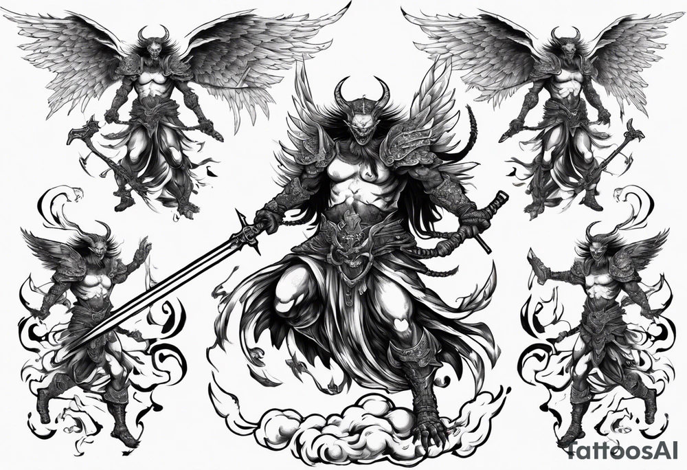 A demon angel wearing organic armor that is in mid-air with his two-handed sword behind them about to attack. tattoo idea