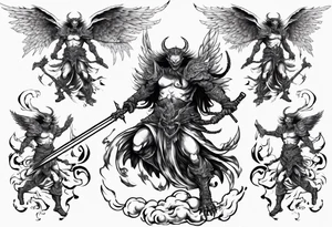 A demon angel wearing organic armor that is in mid-air with his two-handed sword behind them about to attack. tattoo idea