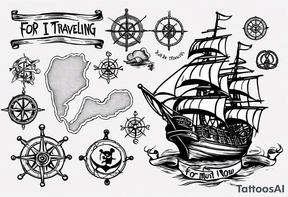 pirate ship with a map, square knot, compass, with words "for I must be traveling on now" tattoo idea