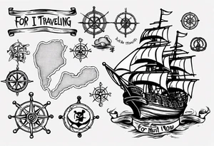pirate ship with a map, square knot, compass, with words "for I must be traveling on now" tattoo idea