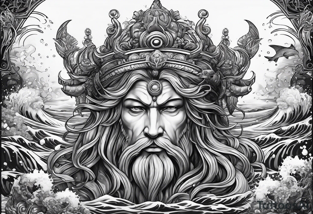 Neptun mit ganzen Körper im Wasser stehend tattoo idea