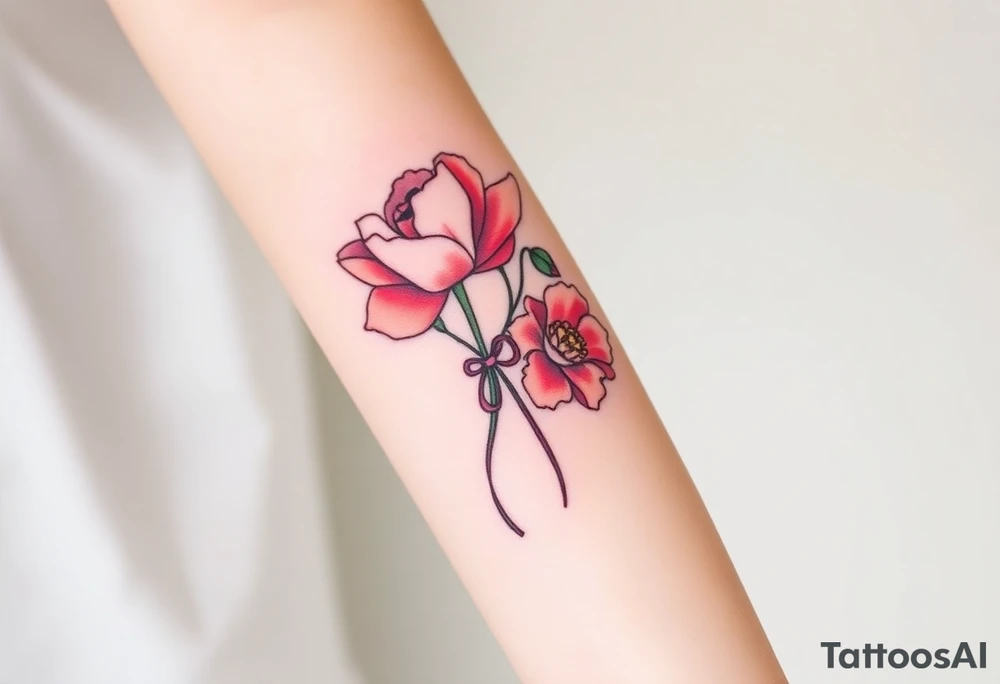 Pink peony deep red rose red poppy pink carnation outline tied with a ribbon tattoo idea