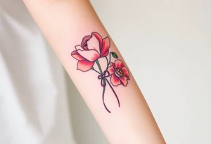 Pink peony deep red rose red poppy pink carnation outline tied with a ribbon tattoo idea