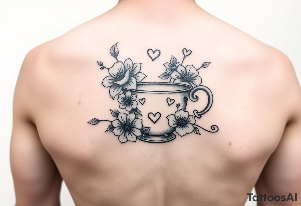 Cute tea cup with flowers and love hearts tattoo idea