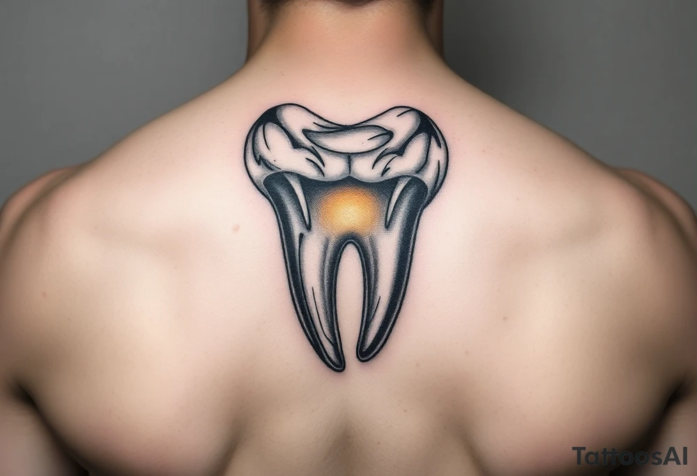 A molar tooth carved in marble, glowing from inside with a subtle golden light, realistic and artistic style tattoo idea
