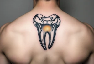 A molar tooth carved in marble, glowing from inside with a subtle golden light, realistic and artistic style tattoo idea