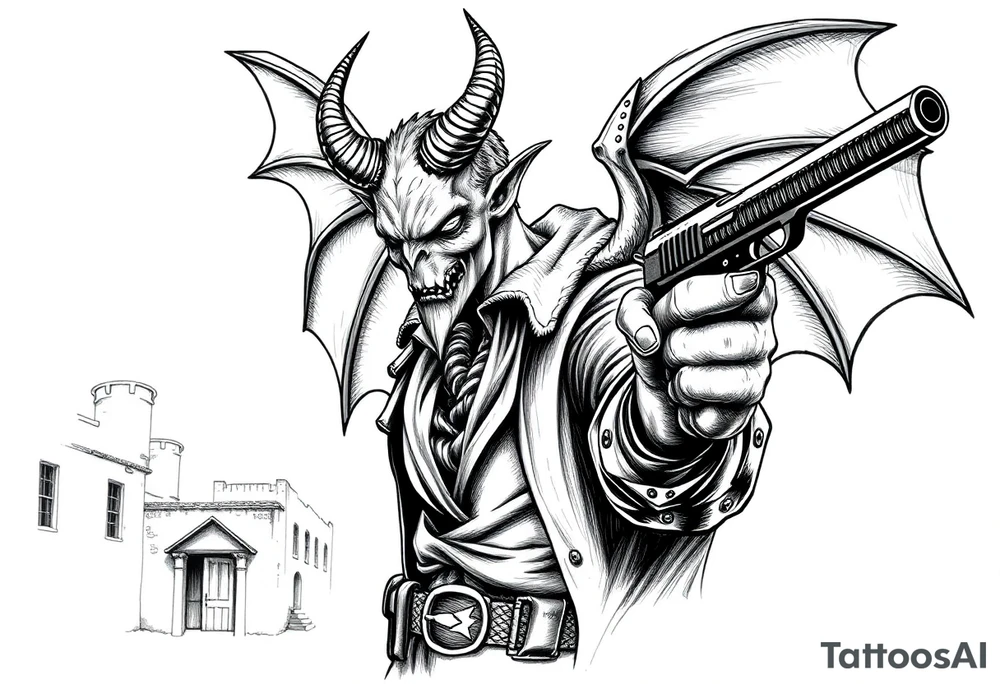 a demon in cowboy-clothing,a gun in a hand,old buildings in the background. tattoo idea